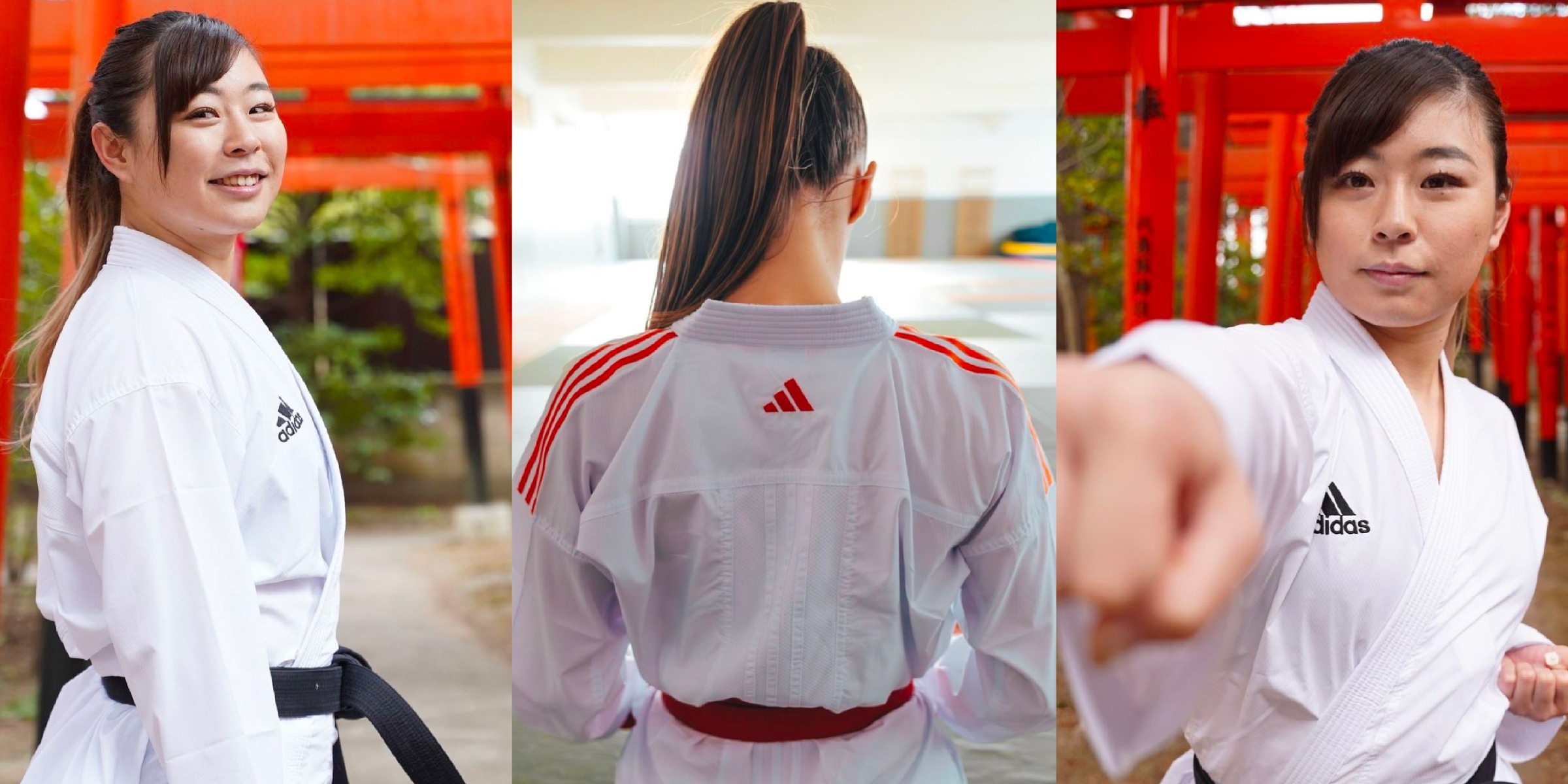 Karate athletes in white adidas uniforms with red three stripes