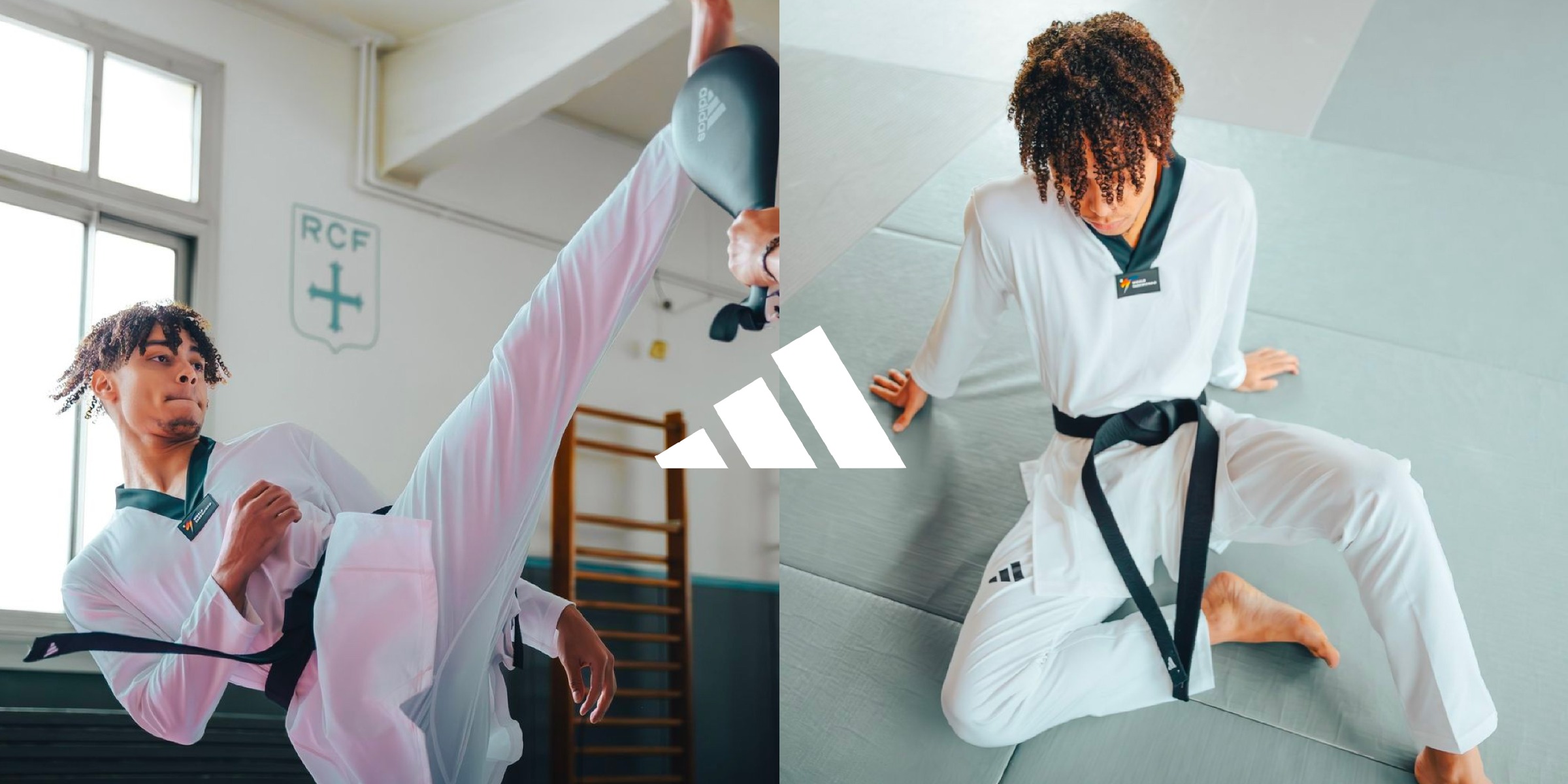 Taekwondo athlete in an adidas dobok kicking a target pad, and kneeling on the mat